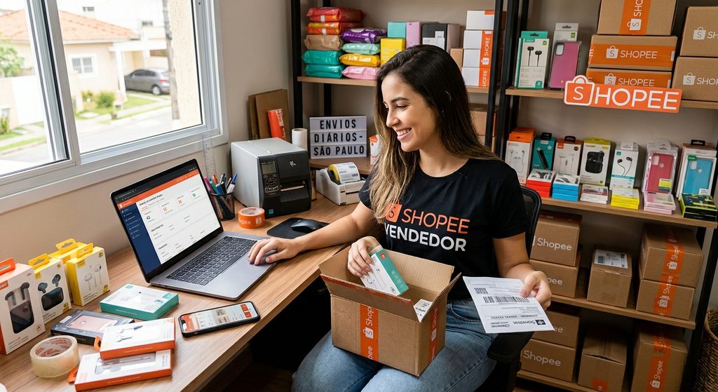 pessoa trabalhando em casa vendendo pela shopee